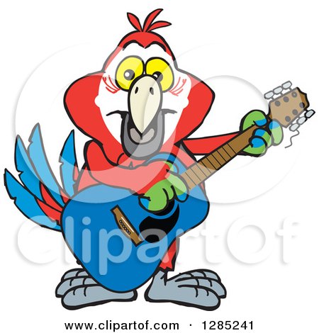 Clipart of a Cartoon Happy Macaw Parrot Playing an Acoustic Guitar - Royalty Free Vector Illustration by Dennis Holmes Designs