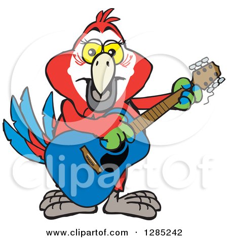 Clipart of a Cartoon Happy Scarlet Macaw Parrot Playing an Acoustic Guitar - Royalty Free Vector Illustration by Dennis Holmes Designs
