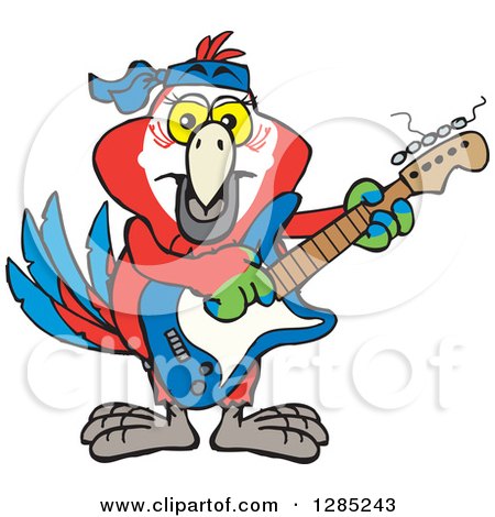 Clipart of a Cartoon Happy Scarlet Macaw Parrot Playing an Electric Guitar - Royalty Free Vector Illustration by Dennis Holmes Designs