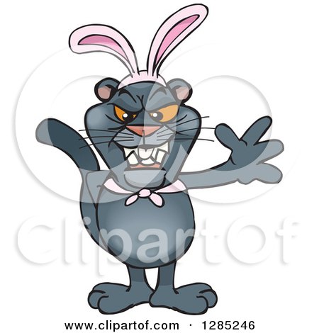 Clipart of a Friendly Waving Black Panther Wearing Easter Bunny Ears - Royalty Free Vector Illustration by Dennis Holmes Designs