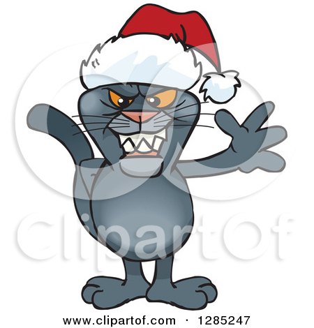 Clipart of a Friendly Waving Black Panther Wearing a Christmas Santa Hat - Royalty Free Vector Illustration by Dennis Holmes Designs