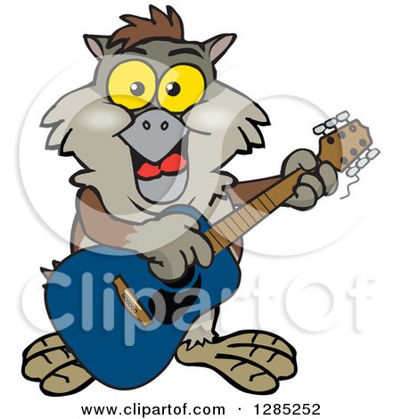 Clipart of a Cartoon Happy Owl Playing an Acoustic Guitar - Royalty Free Vector Illustration by Dennis Holmes Designs