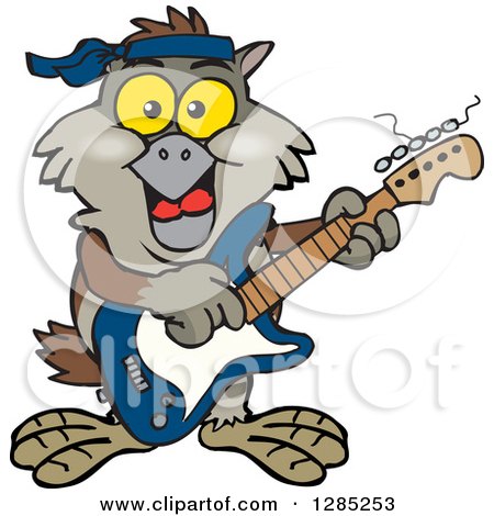 Clipart of a Cartoon Happy Owl Playing an Electric Guitar - Royalty Free Vector Illustration by Dennis Holmes Designs