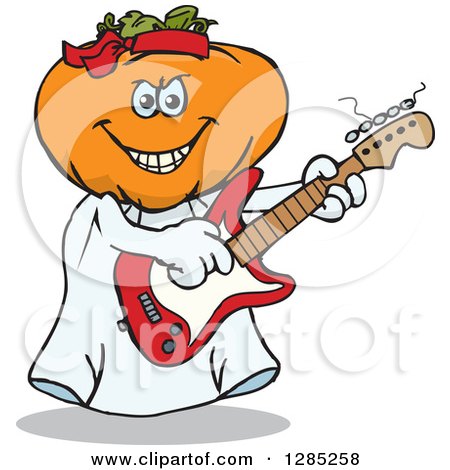 Clipart of a Cartoon Jackolantern Ghost Playing an Electric Guitar - Royalty Free Vector Illustration by Dennis Holmes Designs
