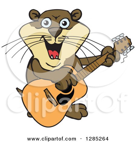 Clipart of a Cartoon Happy Otter Playing an Acoustic Guitar - Royalty Free Vector Illustration by Dennis Holmes Designs