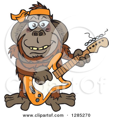 Clipart of a Cartoon Happy Orangutan Playing an Electric Guitar - Royalty Free Vector Illustration by Dennis Holmes Designs