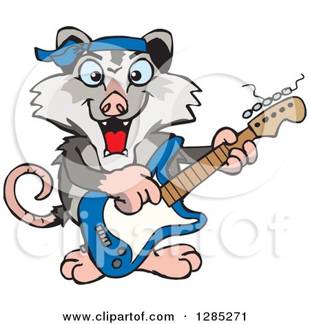 Clipart of a Cartoon Happy Opossum Playing an Electric Guitar - Royalty Free Vector Illustration by Dennis Holmes Designs