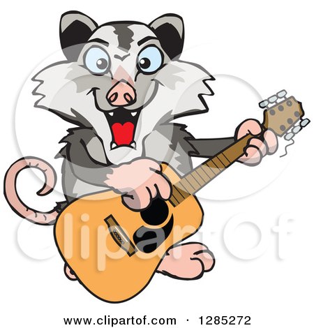 Clipart of a Cartoon Happy Opossum Playing an Acoustic Guitar - Royalty Free Vector Illustration by Dennis Holmes Designs