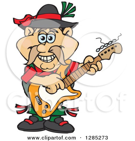 Clipart of a Cartoon Happy German Oktoberfest Man Playing an Electric Guitar - Royalty Free Vector Illustration by Dennis Holmes Designs