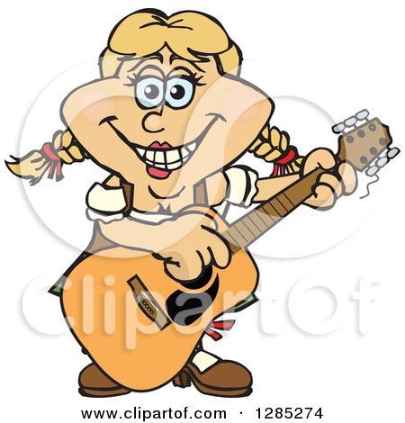 Clipart of a Cartoon Happy German Oktoberfest Woman Playing an Acoustic Guitar - Royalty Free Vector Illustration by Dennis Holmes Designs