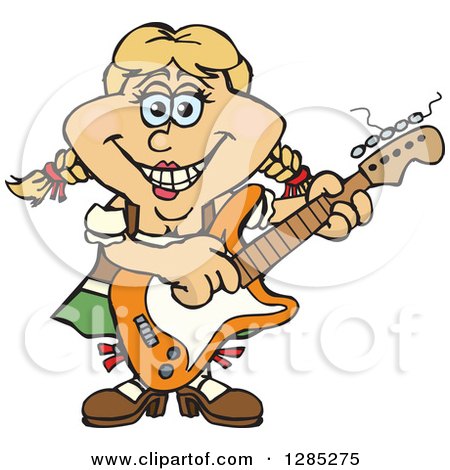 Clipart of a Cartoon Happy German Oktoberfest Woman Playing an Electric Guitar - Royalty Free Vector Illustration by Dennis Holmes Designs