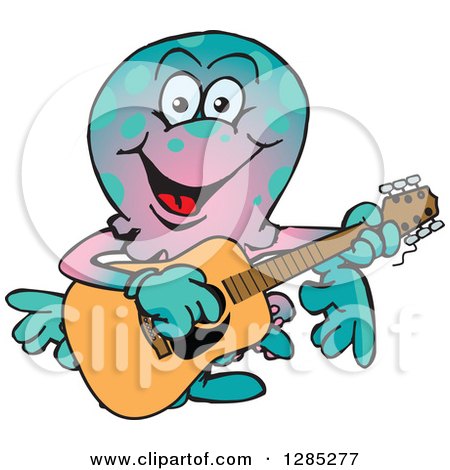 Clipart of a Cartoon Happy Octopus Playing an Acoustic Guitar - Royalty Free Vector Illustration by Dennis Holmes Designs