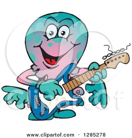 Clipart of a Cartoon Happy Octopus Playing an Electric Guitar - Royalty Free Vector Illustration by Dennis Holmes Designs