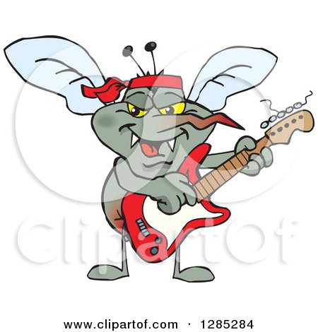 Clipart of a Cartoon Happy Mosquito Playing an Electric Guitar - Royalty Free Vector Illustration by Dennis Holmes Designs
