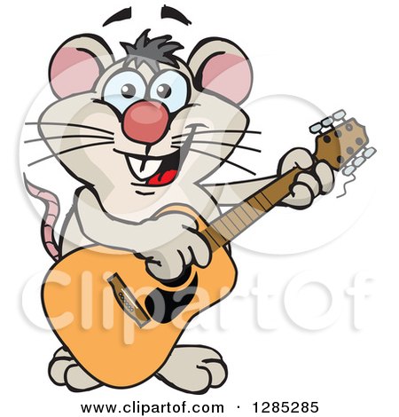 Clipart of a Cartoon Happy Mouse Playing an Acoustic Guitar - Royalty Free Vector Illustration by Dennis Holmes Designs