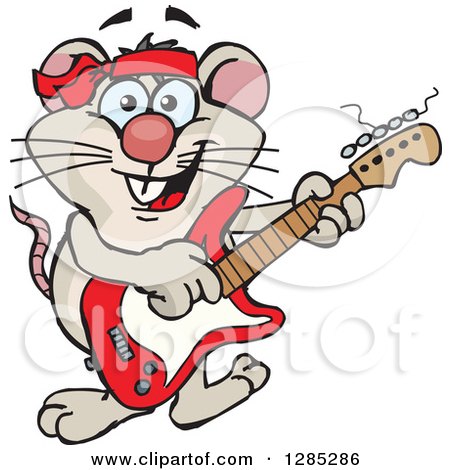 Clipart of a Cartoon Happy Mouse Playing an Electric Guitar - Royalty Free Vector Illustration by Dennis Holmes Designs