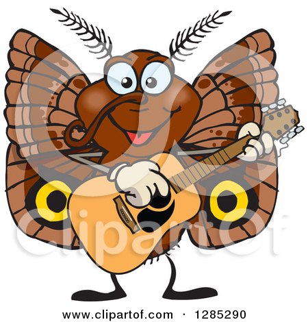 Clipart of a Cartoon Happy Moth Playing an Acoustic Guitar - Royalty Free Vector Illustration by Dennis Holmes Designs