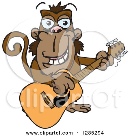 Clipart of a Cartoon Happy Monkey Playing an Acoustic Guitar - Royalty Free Vector Illustration by Dennis Holmes Designs