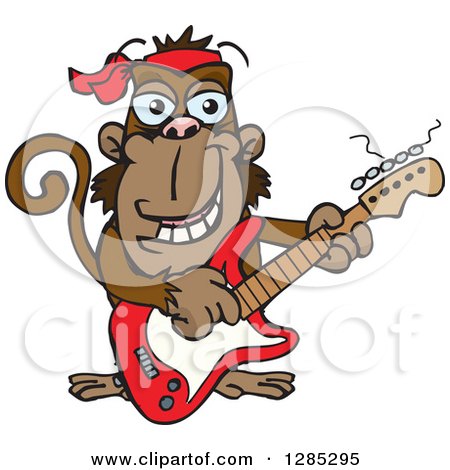 Clipart of a Cartoon Happy Monkey Playing an Electric Guitar - Royalty Free Vector Illustration by Dennis Holmes Designs