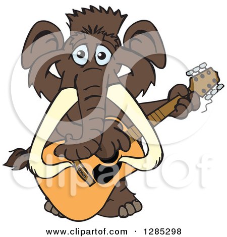 Clipart of a Cartoon Happy Mammoth Playing an Acoustic Guitar - Royalty Free Vector Illustration by Dennis Holmes Designs