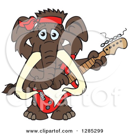 Clipart of a Cartoon Happy Mammoth Playing an Electric Guitar - Royalty Free Vector Illustration by Dennis Holmes Designs