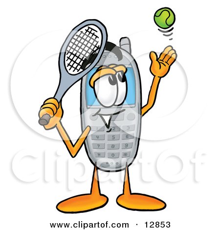 Clipart Picture of a Wireless Cellular Telephone Mascot Cartoon Character Preparing to Hit a Tennis Ball by Mascot Junction