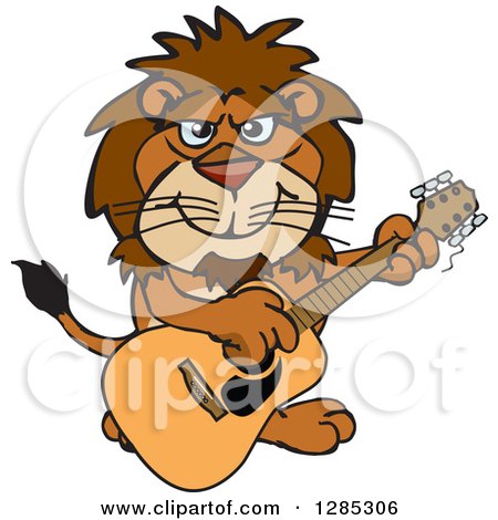 Clipart of a Cartoon Happy Male Lion Playing an Acoustic Guitar - Royalty Free Vector Illustration by Dennis Holmes Designs