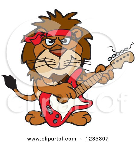 Clipart of a Cartoon Happy Male Lion Playing an Electric Guitar - Royalty Free Vector Illustration by Dennis Holmes Designs