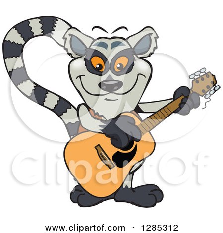 Clipart of a Cartoon Happy Lemur Playing an Acoustic Guitar - Royalty Free Vector Illustration by Dennis Holmes Designs