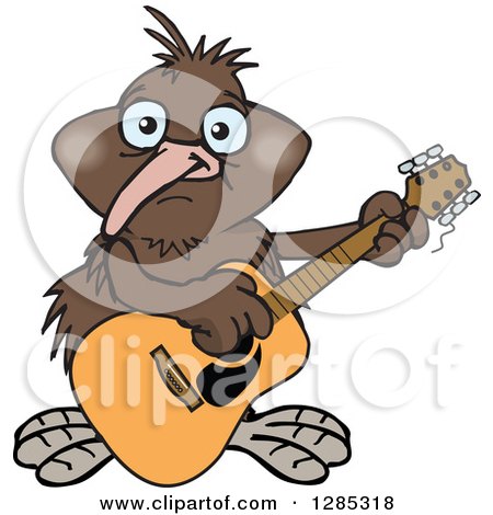 Clipart of a Cartoon Happy Kiwi Bird Playing an Acoustic Guitar - Royalty Free Vector Illustration by Dennis Holmes Designs