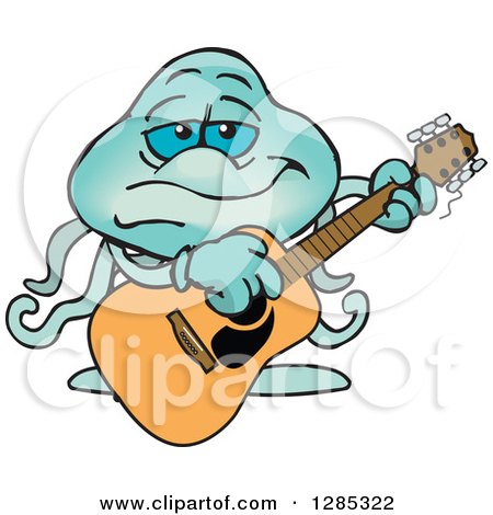 Clipart of a Cartoon Happy Jellyfish Playing an Acoustic Guitar - Royalty Free Vector Illustration by Dennis Holmes Designs