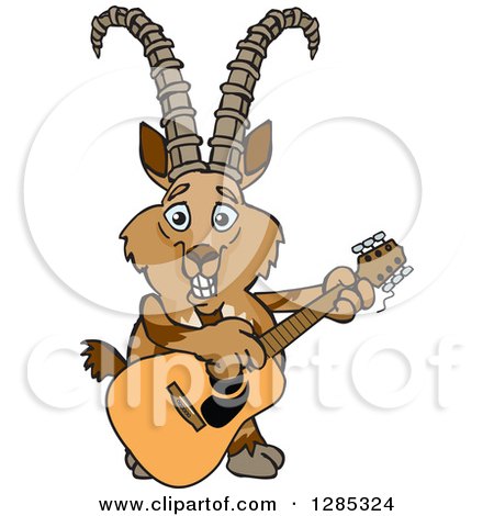 Clipart of a Cartoon Happy Ibex Goat Playing an Acoustic Guitar - Royalty Free Vector Illustration by Dennis Holmes Designs