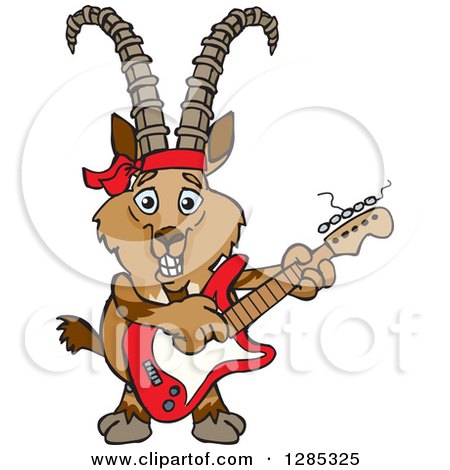 Clipart of a Cartoon Happy Ibex Goat Playing an Electric Guitar - Royalty Free Vector Illustration by Dennis Holmes Designs