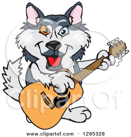 Clipart of a Cartoon Happy Husky Dog Playing an Acoustic Guitar - Royalty Free Vector Illustration by Dennis Holmes Designs