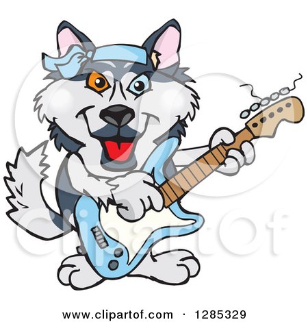 Clipart of a Cartoon Happy Husky Dog Playing an Electric Guitar - Royalty Free Vector Illustration by Dennis Holmes Designs
