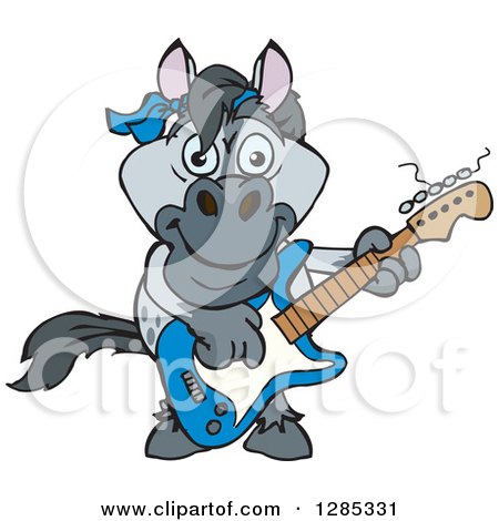 Clipart of a Cartoon Happy Gray Horse Playing an Electric Guitar - Royalty Free Vector Illustration by Dennis Holmes Designs