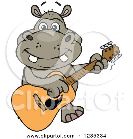 Clipart of a Cartoon Happy Hippo Playing an Acoustic Guitar - Royalty Free Vector Illustration by Dennis Holmes Designs