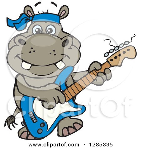 Clipart of a Cartoon Happy Hippo Playing an Electric Guitar - Royalty Free Vector Illustration by Dennis Holmes Designs