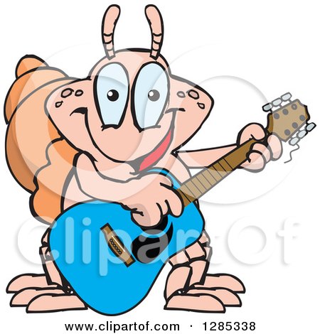 Clipart of a Cartoon Happy Hermit Crab Playing an Acoustic Guitar - Royalty Free Vector Illustration by Dennis Holmes Designs