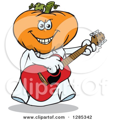 Clipart of a Cartoon Jackolantern Ghost Playing an Acoustic Guitar - Royalty Free Vector Illustration by Dennis Holmes Designs
