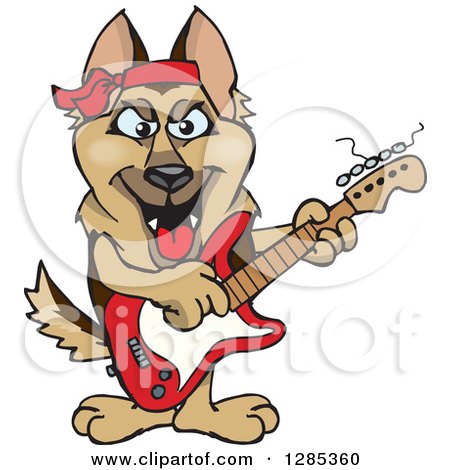 Clipart of a Cartoon Happy German Shepherd Dog Playing an Electric Guitar - Royalty Free Vector Illustration by Dennis Holmes Designs