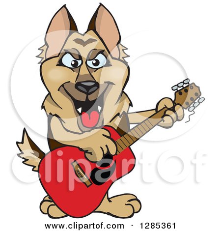 Clipart of a Cartoon Happy German Shepherd Dog Playing an Acoustic Guitar - Royalty Free Vector Illustration by Dennis Holmes Designs