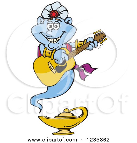 Clipart of a Cartoon Happy Jinn Genie Playing an Acoustic Guitar - Royalty Free Vector Illustration by Dennis Holmes Designs