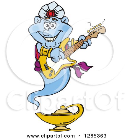 Clipart of a Cartoon Happy Jinn Genie Playing an Electric Guitar - Royalty Free Vector Illustration by Dennis Holmes Designs