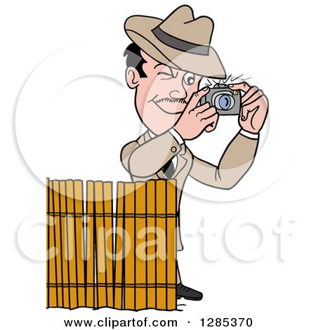 Clipart of a Cartoon Caucasian Male Detective Taking Pictures Behind a Screen - Royalty Free Vector Illustration by LaffToon