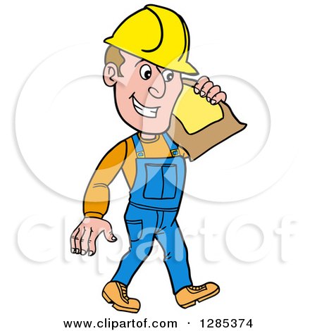 Clipart of a Cartoon Caucasian Male Craftsman Contractor Carrying a Sand Bag - Royalty Free Vector Illustration by LaffToon