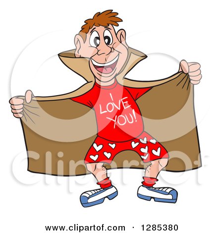 Clipart of a Cartoon Brunette Caucasian Male Love Flasher Showing a Shirt and Boxers - Royalty Free Vector Illustration by LaffToon