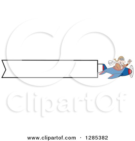 Clipart of a Cartoon Caucasian Male Pilot Waving and Flying an Aerial Plane Banner - Royalty Free Vector Illustration by LaffToon