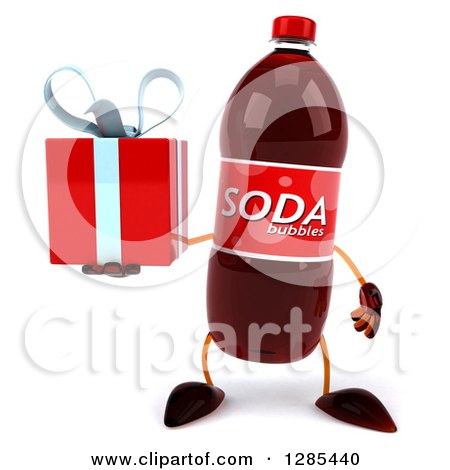 Clipart of a 3d Soda Bottle Character Holding a Gift - Royalty Free