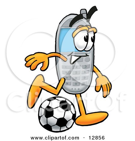 Clipart Picture of a Wireless Cellular Telephone Mascot Cartoon Character Kicking a Soccer Ball by Mascot Junction
